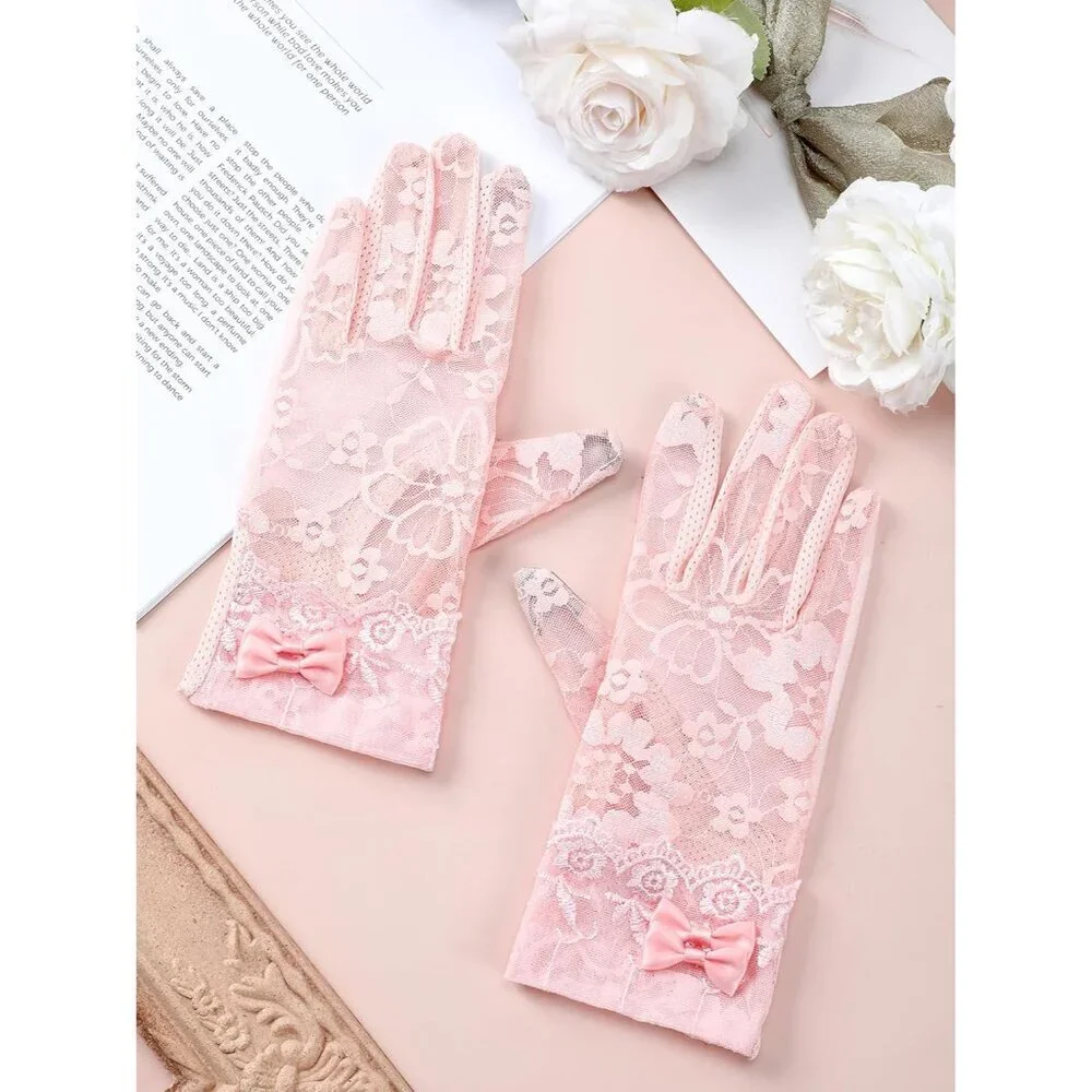 Women's Pink Short Floral Finger Less Nylon Halloween Cosplay Lace Gloves